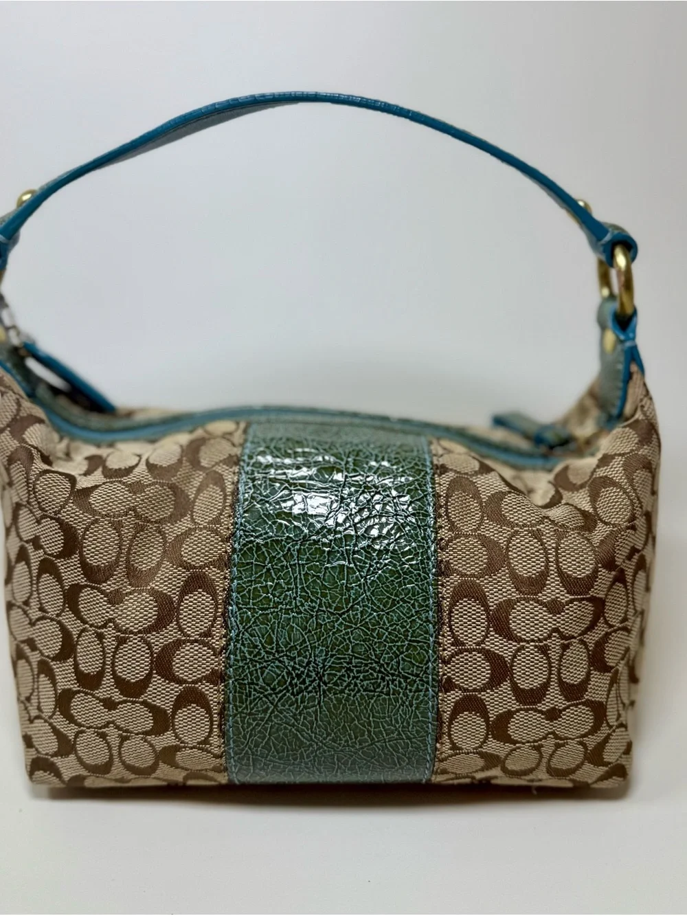 Coach 41066 Signature Jacquard Demi Shoulder Bag Teal Blue Leather Y2K